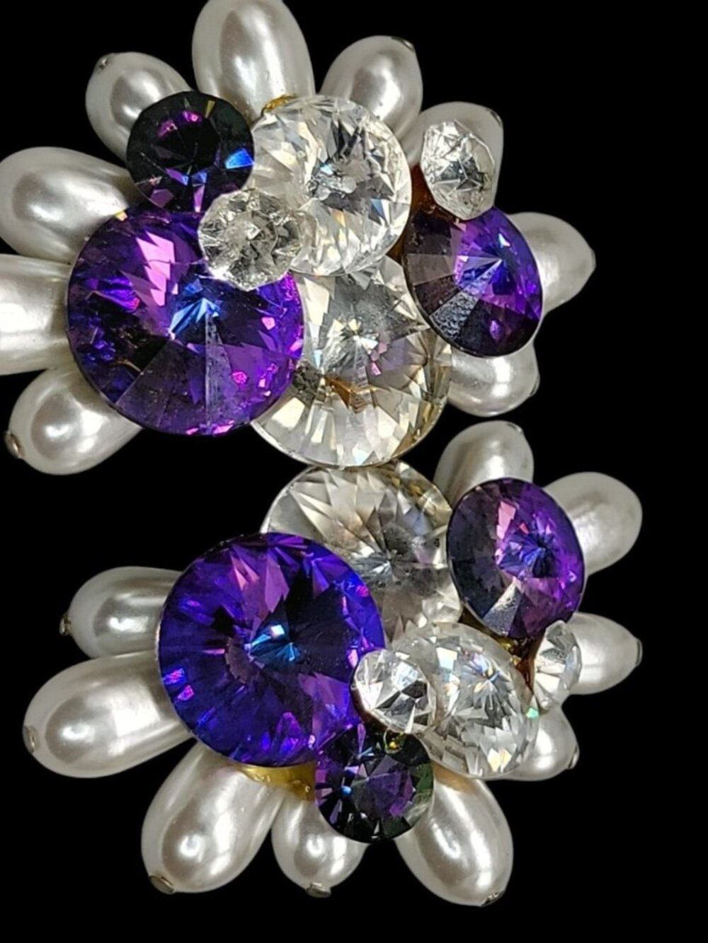 Vtg 1960s Cluster Clip On Earrings Purple Rivoli Rhinestone Faux Baroque Pearl